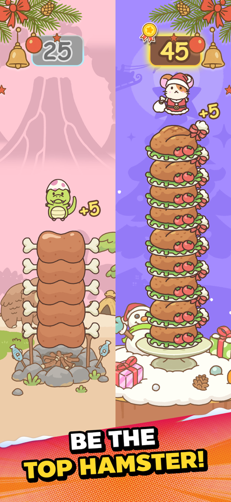 Hamster Jump: Cake Tower! - Dois níveis de jogo mostrando um hamster e um dinossauro empilhando itens alimentares em uma torre.