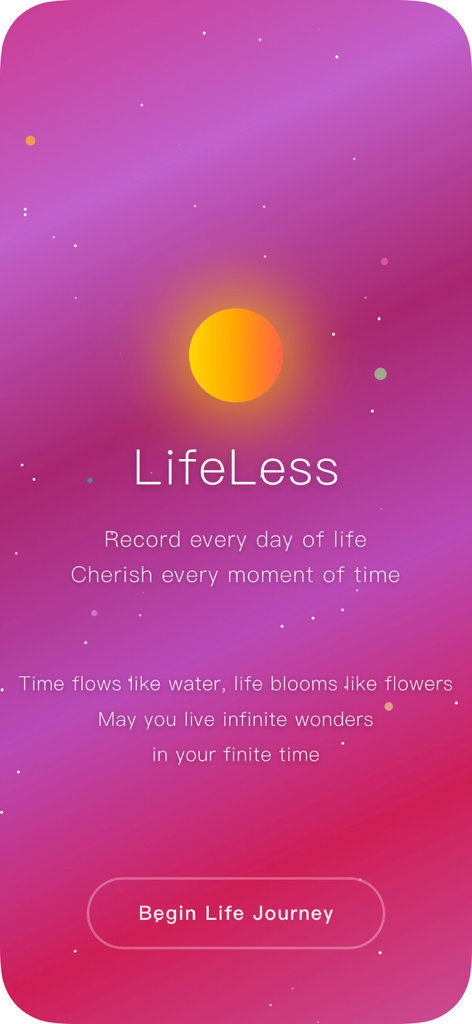 Life Countdown - Days Left - Pantalla de bienvenida de la aplicación LifeLess con un tema de espacio profundo, un sol brillante y el botón 'Comenzar viaje de vida'