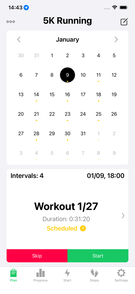 Running tracker app showing a 5K training calendar and scheduled interval workout