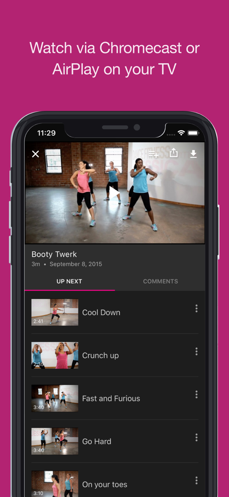 Interface of Dance Fitness with Jessica app showing a dance workout video and options to cast to a TV via Chromecast or AirPlay