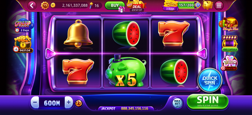 DoubleU Casino slot machine interface with colorful fruit and lucky symbols