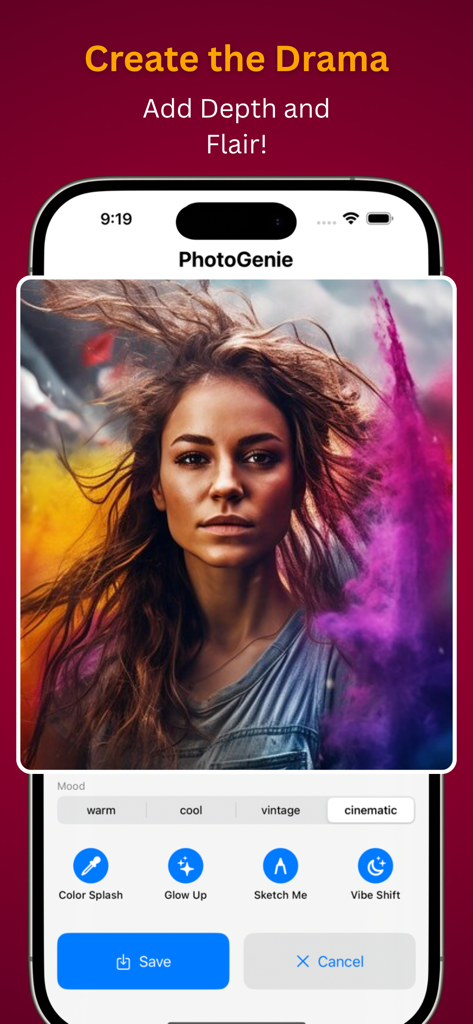 PhotoGenie Ultra - Capture d'écran de l'interface de l'application PhotoGenie Ultra montrant le portrait d'une femme avec un effet de fumée cinématographique et des options d'édition photo.