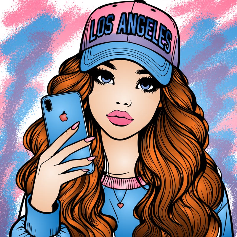 realistic beautiful girl wearing los ángeles cap holding an iphone
