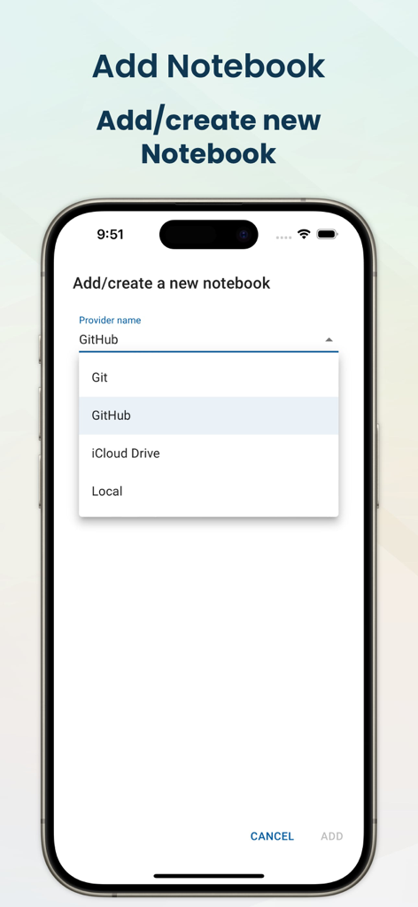 NotesHub mobile app interface showing the selection of notebook storage providers including GitHub Git and iCloud Drive