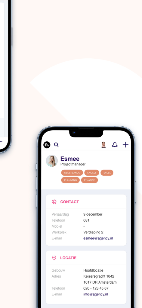 Teamly - User profile page on the Teamly app showing employee contact details and professional skills