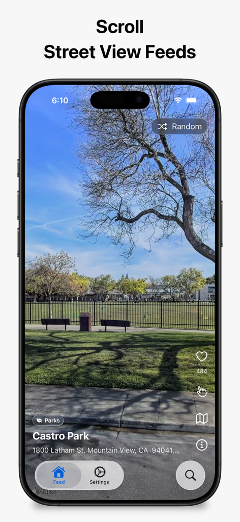 StreetPeek: Street View Feed - iPhone mostrando la aplicación StreetPeek con un feed vertical desplazable de vista callejera de un parque.