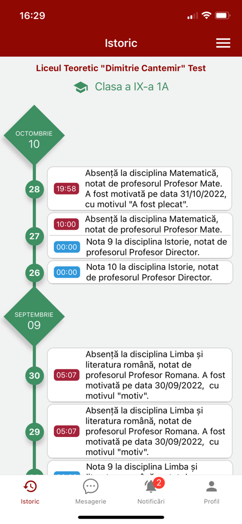 Catalog Viva - Catalog Viva app screen showing a timeline of student grades and attendance records
