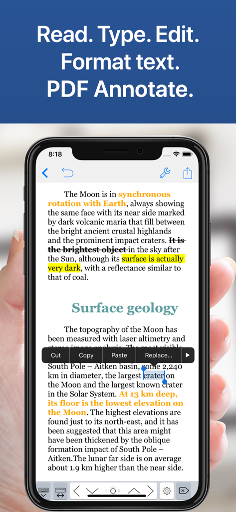 Notes Writer Pro 2026 - iPhone screen showing Notes Writer Pro app with text highlighting, strikeout, and editing options on a document about the moon.