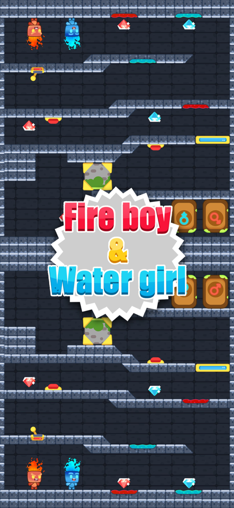 BonBon 2 - 4 player games - Una pantalla de minijuego de plataformas con los personajes Chico Fuego y Chica Agua de la aplicación BonBon 2.