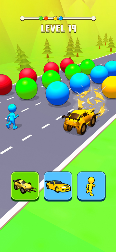 Shape Transform: Shifting Car - Gameplay of Shape Transform showing a yellow spiked car crashing through colorful spheres
