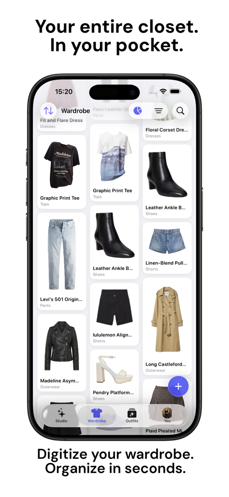 GhostFits - AI Wardrobe - A mobile app interface displaying a digitized closet with organized clothing items including shirts, pants, and shoes.