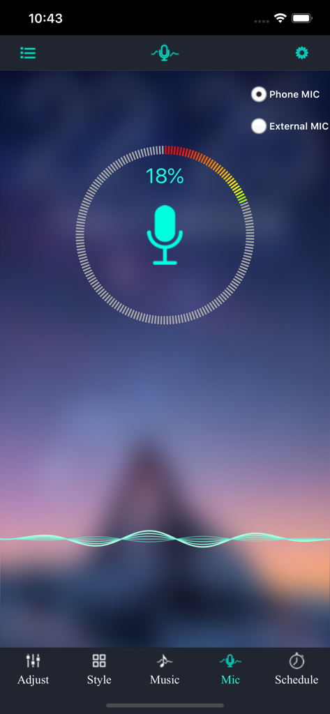 LotusLanternX app interface showing the microphone rhythm mode for syncing LED lights with sound