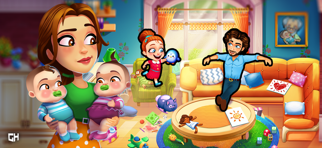 Delicious - Moms vs Dads - Emily holding two infants in a messy living room with Patrick and their daughter