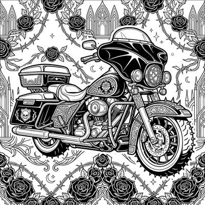 Unleash your creativity with this unique police motorcycle coloring page, infused with a dramatic gothic aesthetic. Explore intricate details, from ornate scrollwork to dark rose motifs, in a design that's both powerful and elegantly mysterious.