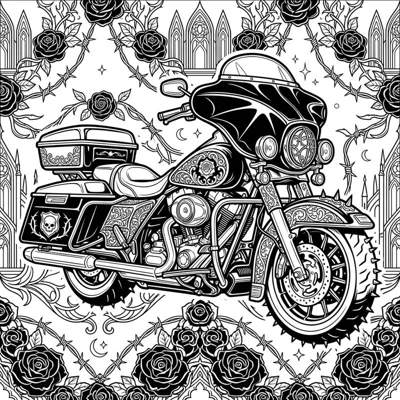 Unleash your creativity with this unique police motorcycle coloring page, infused with a dramatic gothic aesthetic. Explore intricate details, from ornate scrollwork to dark rose motifs, in a design that's both powerful and elegantly mysterious.