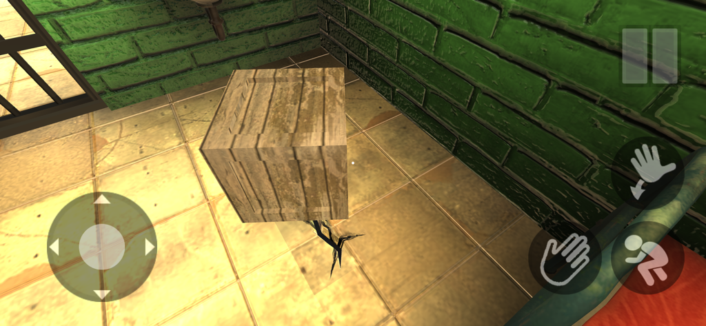 Escape from Prison Hide Seek - First person gameplay screenshot of a prison cell with a wooden crate and on screen controls