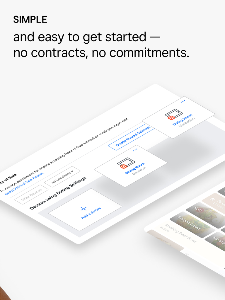 Square レストランPOSダッシュボード。簡単なデバイス管理と契約不要のコミットメントが表示されています。