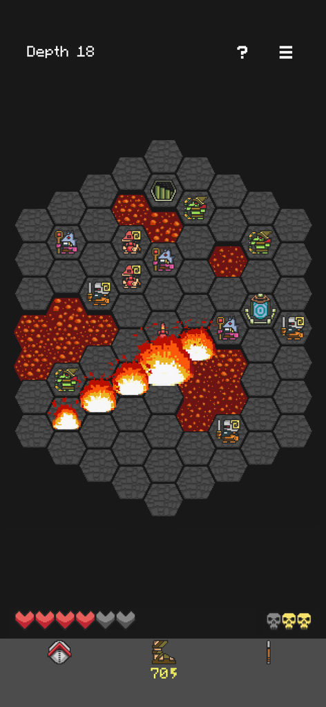 Hoplite - A turn-based strategy game screen from Hoplite showing a character on a hex grid surrounded by enemies and lava pools.