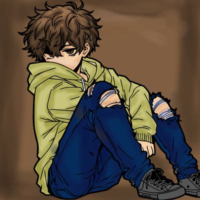 a male hoddie ripped jeans messy hair anime