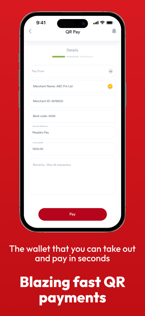 Peoples Pay mobile app interface for fast QR payments showing merchant details and a pay button