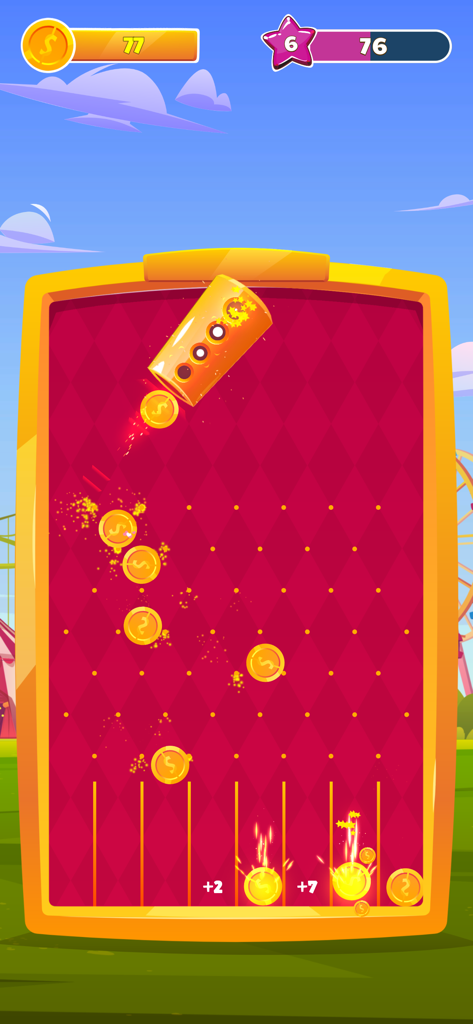 Coin Blast - Gameplay of Coin Blast showing gold coins falling through pegs into scoring slots against a carnival background.