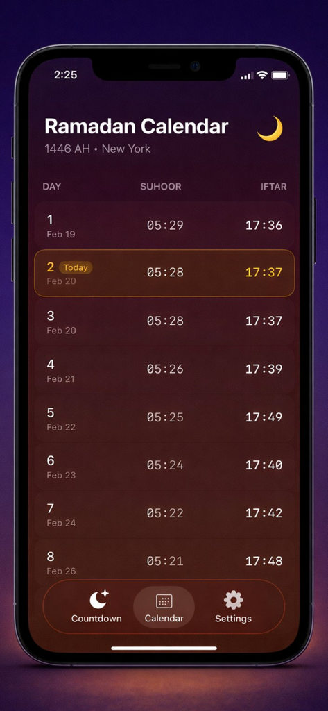 Interfaz del calendario del Ramadán que muestra los horarios diarios de suhoor e iftar para Nueva York