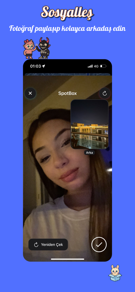 SpotBox app screen showing a dual camera photo capture of a selfie and a night city view for social sharing.