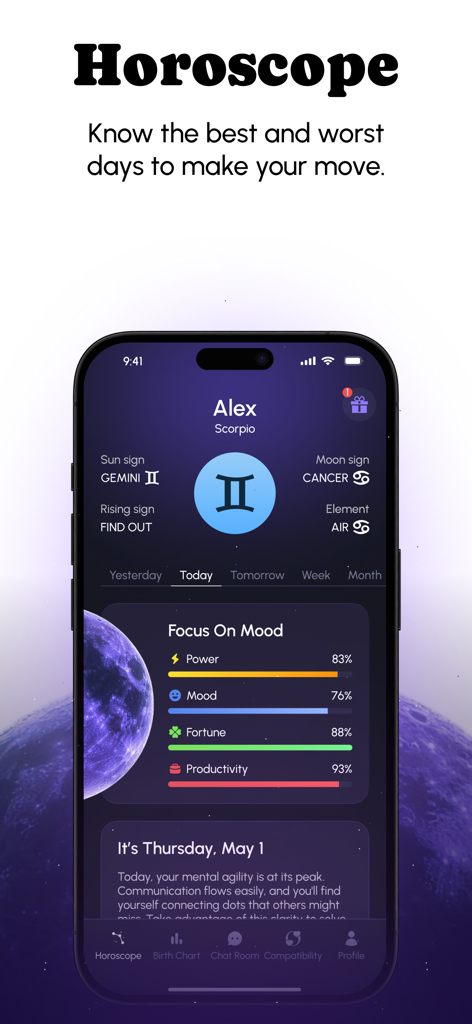 Starzen - Astrology & Tarot - Starzen app daily horoscope screen for Scorpio with sun sign moon sign and energy metrics for power mood fortune and productivity