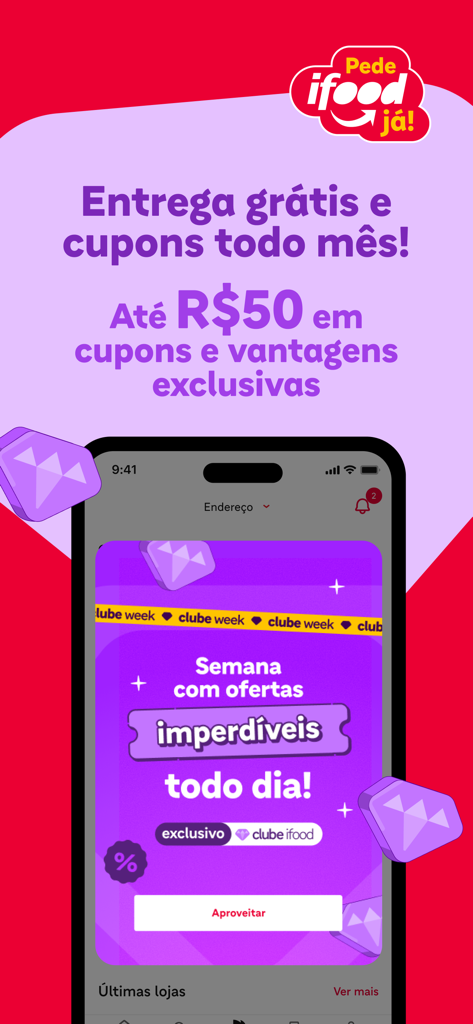 iFood: pedir delivery em casa - iFood mobile app screen featuring free delivery and exclusive discount coupons.