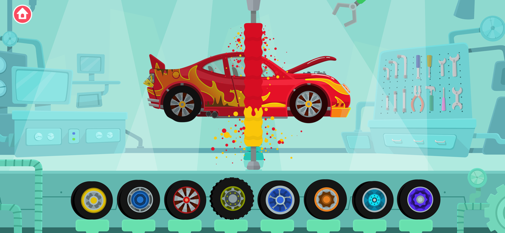 Ein roter Sportwagen wird in einer bunten Werkstatt mit verschiedenen Reifenoptionen zur Individualisierung besprüht.