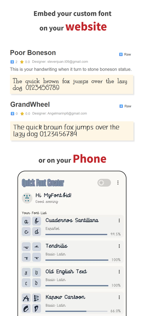 Quick Font Creator - Display of custom fonts on a website and within the mobile app font list