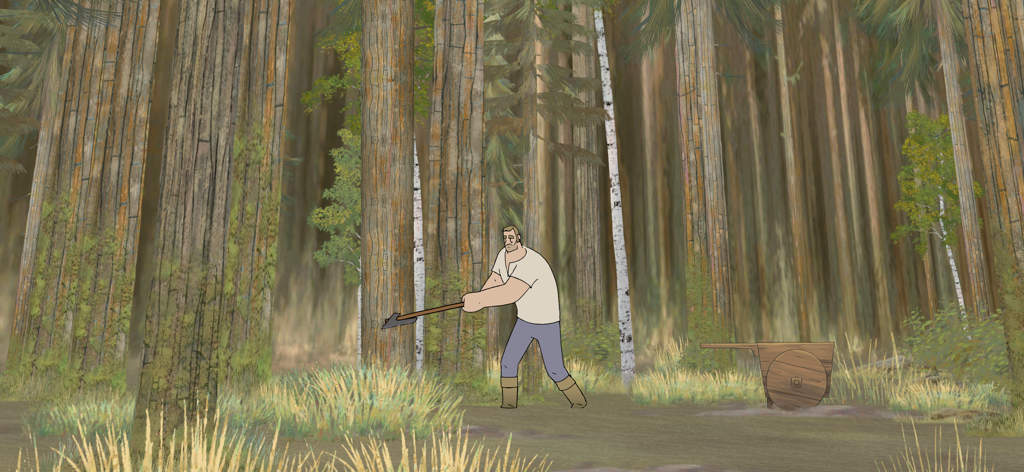 Pine: A Story of Loss - 密な森で木を伐採する主人公の木工職人の手描きの С анимация