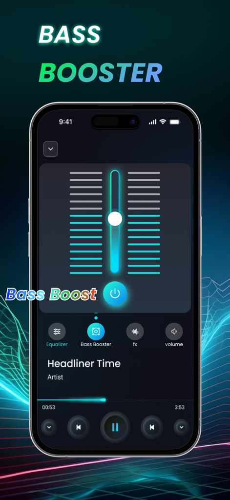 Bass Booster & Equalizer Music - Pantalla de smartphone mostrando la interfaz del amplificador de graves con un control deslizante grande y controles de reproducción de audio.