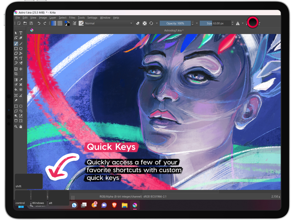 Astropad Studio interface on iPad highlighting the Quick Keys feature while running Krita software