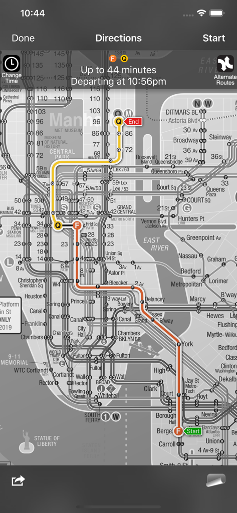 KickMap NYC+ - KickMap NYC+ mobile app showing a highlighted subway route and directions for a night commute.