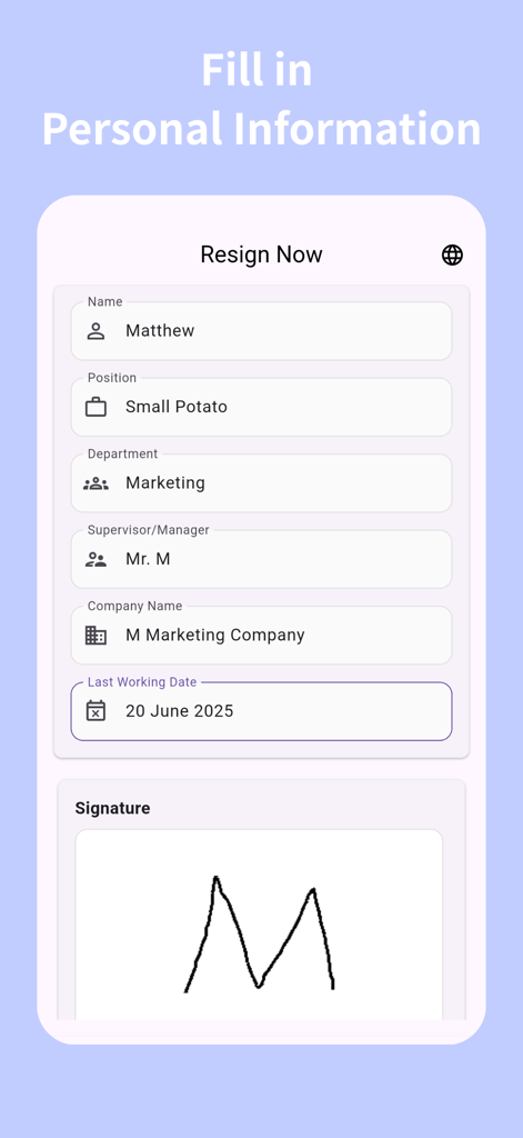 resignation letter -resign now - App screen showing personal information fields and digital signature for creating a resignation letter