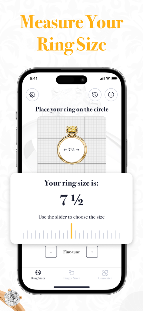 Smartphone screen displaying a ring being measured with a digital sizer tool showing size 7.5.