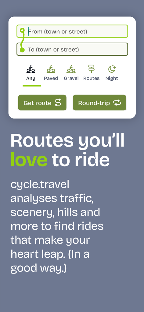A mobile app interface for cycle.travel showing options to plan scenic and traffic-free cycling routes.