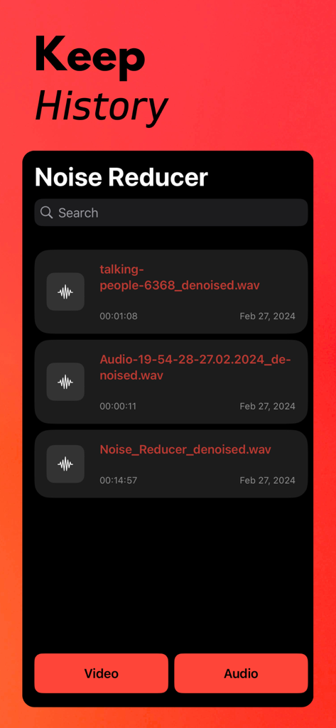 Noise Reducer AI - Noise Reducer AI history screen showing a list of processed audio files