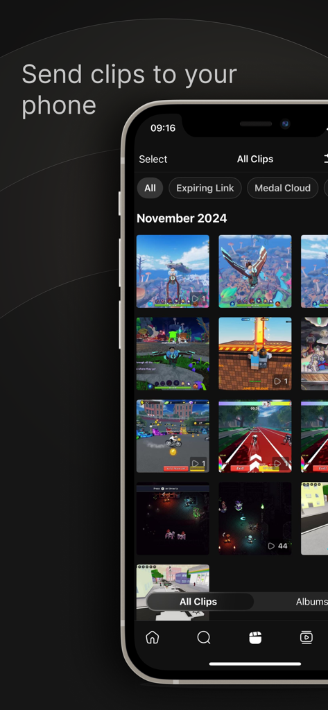A mobile interface showing a library of recorded gaming clips synced from PC to a smartphone