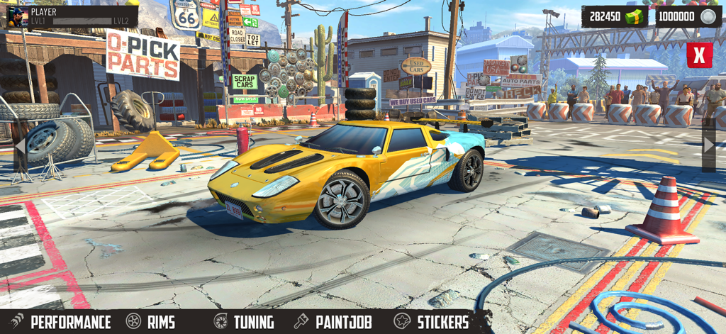 Coche deportivo amarillo siendo personalizado en el menú del garaje de Junkyard Rush Racing.