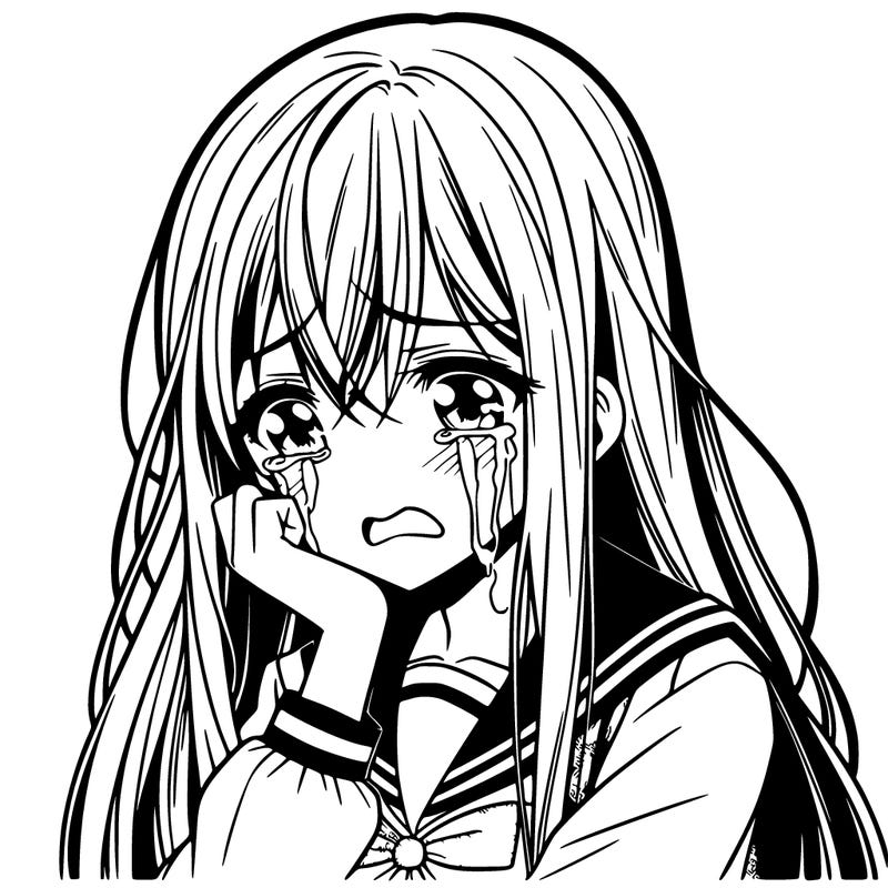 manga teenage girl  with long hair crying