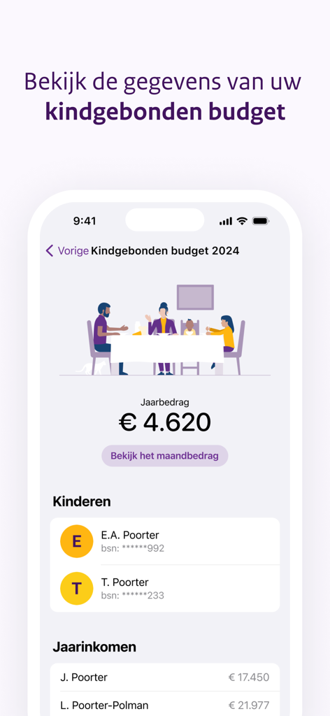 Toeslagen - Toeslagen app screen showing child budget yearly amount and family data