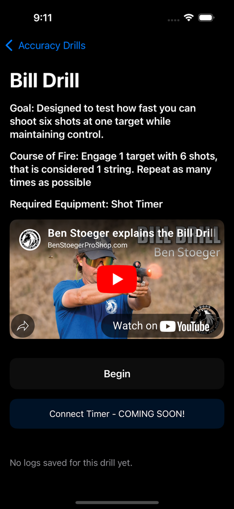 Drills 4 Skills - Bill Drill training details page in the Drills 4 Skills app showing shooting goals and an instructional video