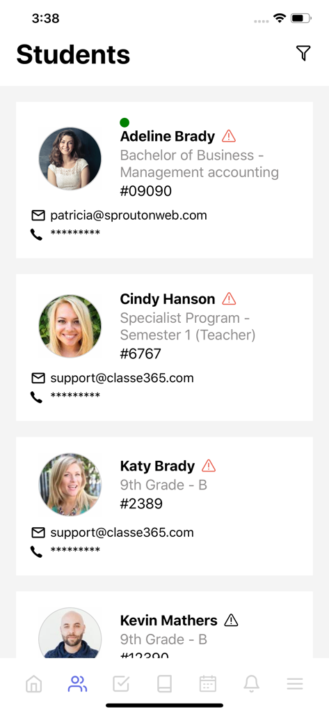 Classe365 app student directory screen showing profiles with names and academic information