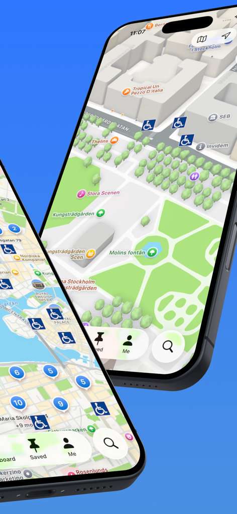 Handiplats - Pantallas móviles que muestran el mapa de la aplicación Handiplats con iconos de estacionamiento accesible