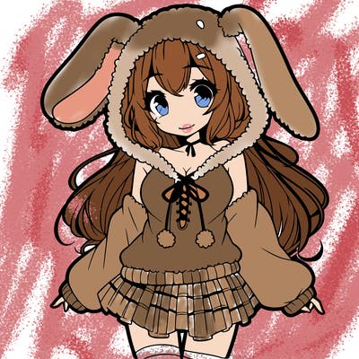 pretty anime girl wearing a fluffy hoodie with bunny ears on the hood and a skirt