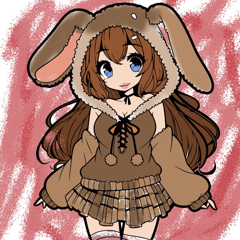 pretty anime girl wearing a fluffy hoodie with bunny ears on the hood and a skirt