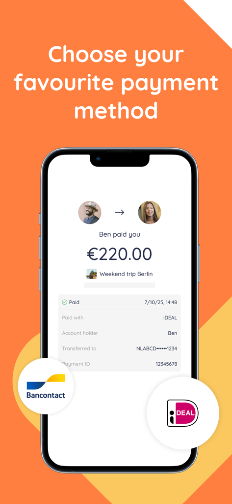 Splitser App-Bildschirm mit Zahlungsbestätigung und unterstützten Methoden wie iDEAL und Bancontact