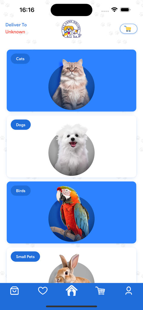 Pet Land IQ - Pet Land IQ app interface showing shopping categories for cats dogs birds and small pets with illustrative animal photos